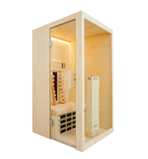 Sauna minima a infrarossi con porta in vetro.