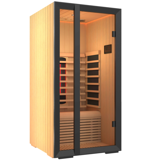 Sauna a infrarossi Onni con porte in vetro e design accogliente.