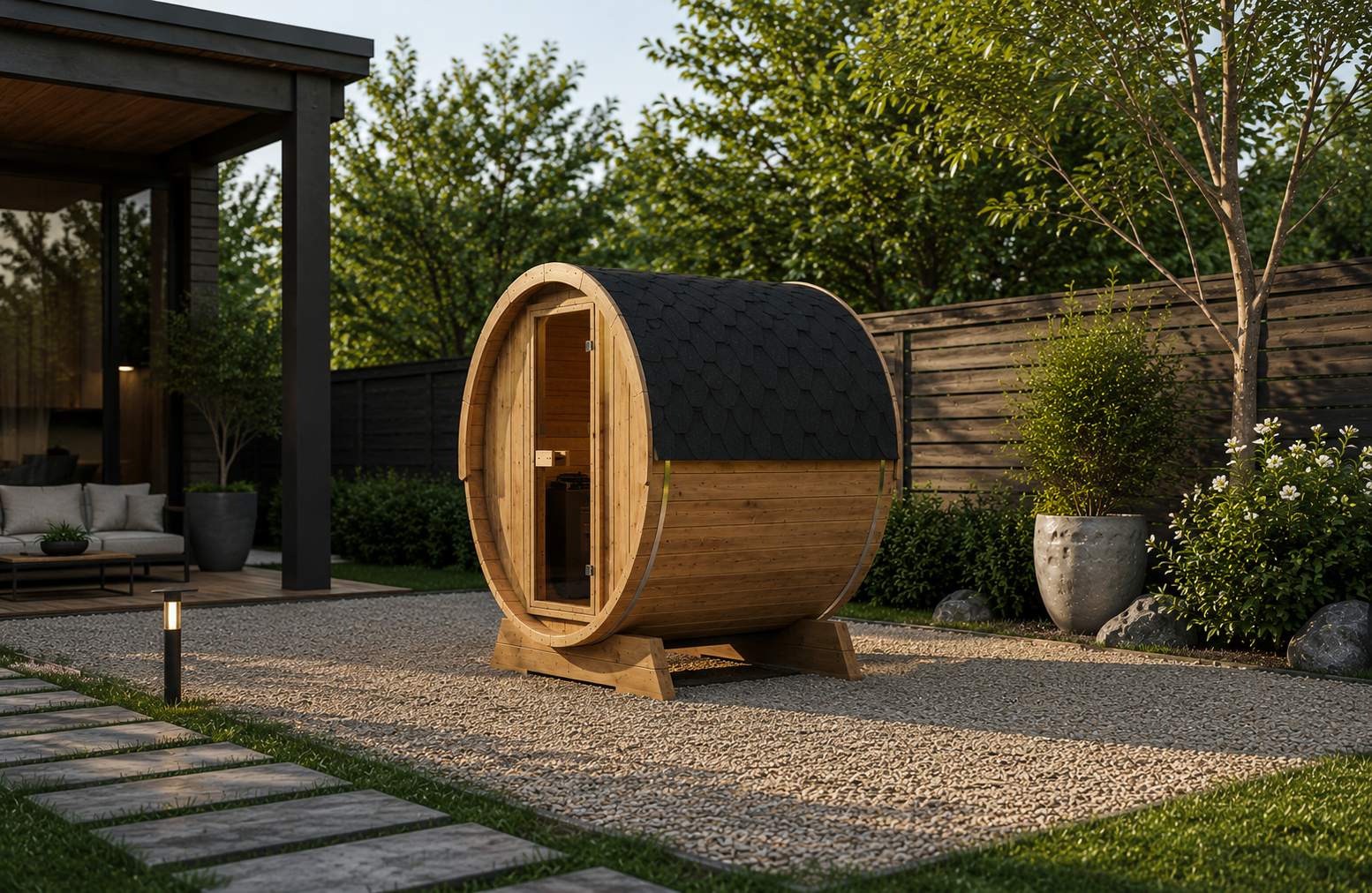 Sauna Exterior Barril 160 — sauna de barril para 2-3 pessoas num jardim, com telhado de telha de betume