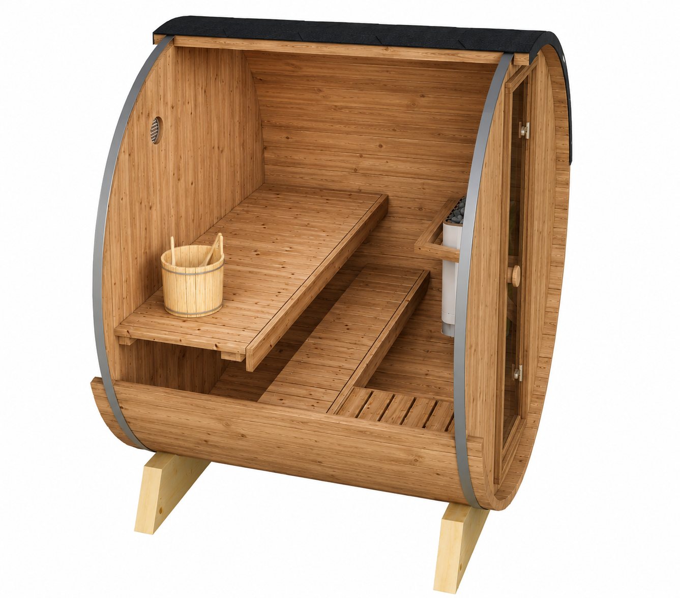 Sauna Exterior Barril 160 — interior com bancos em álamo térmico, aquecedor e balde