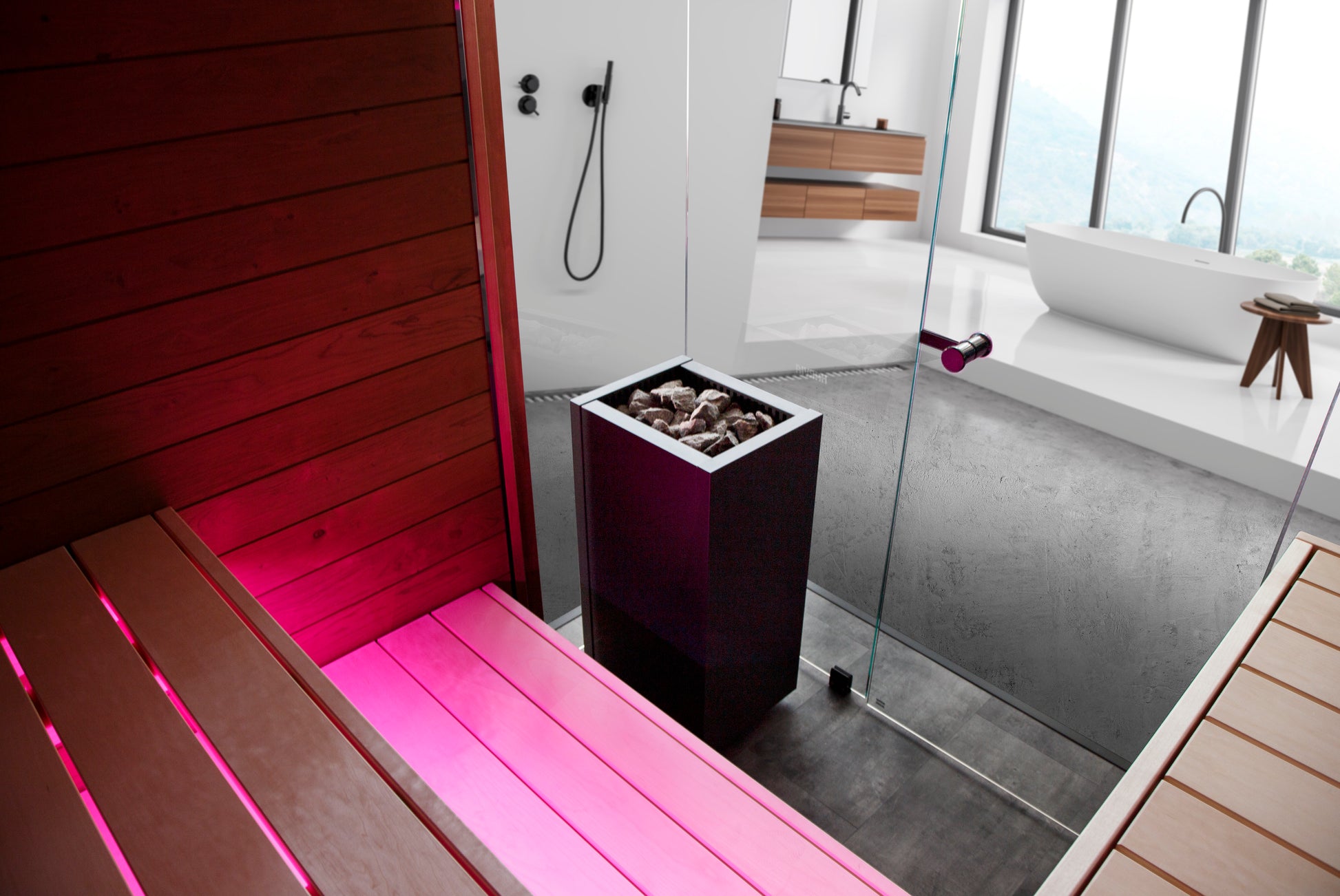 Sauna Block Harvia in un bagno moderno con panca e vasca rosa.