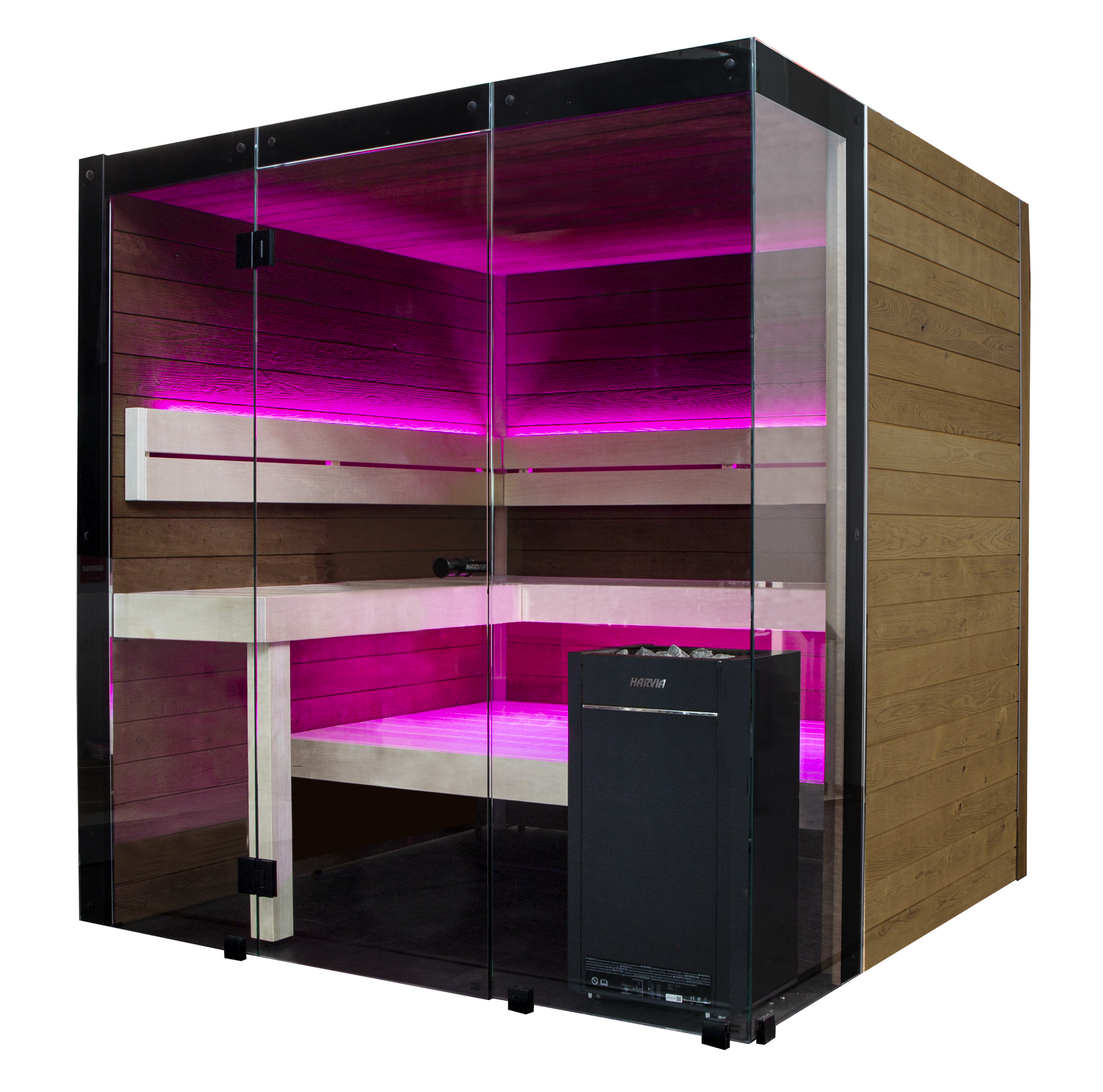 Sauna in vetro e legno con luci LED rosa.