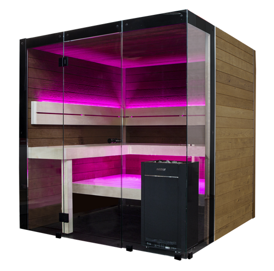 Sauna in vetro e legno con luci LED rosa.