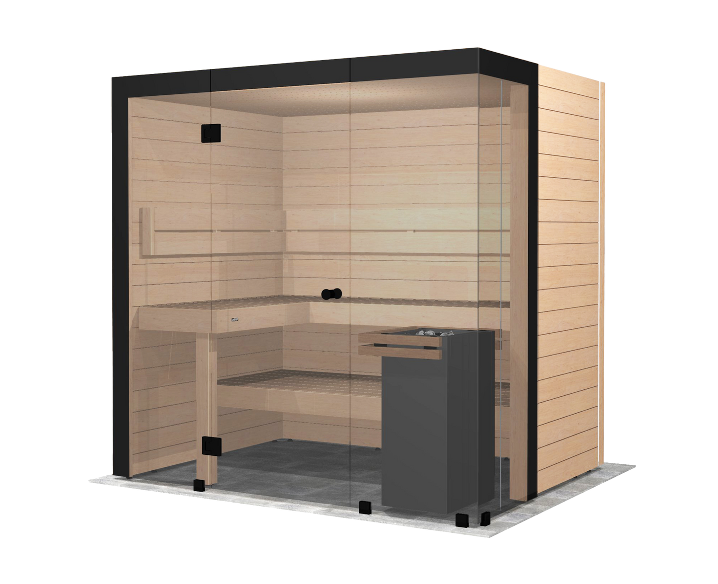 Blocco sauna, cabina sauna con porte in vetro.