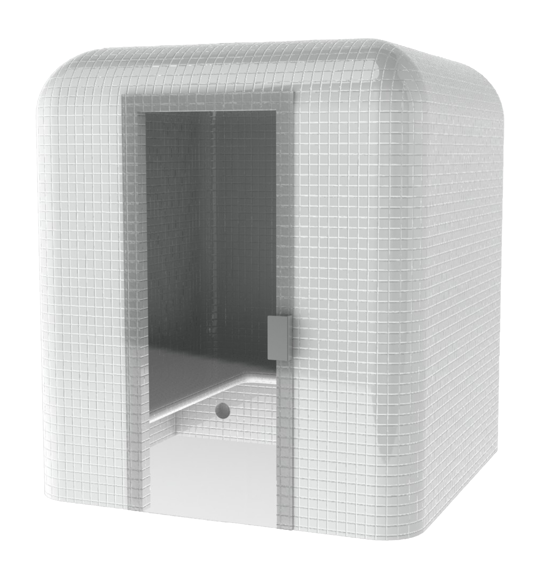 Bagno turco a cubo con porta aperta e design arrotondato.