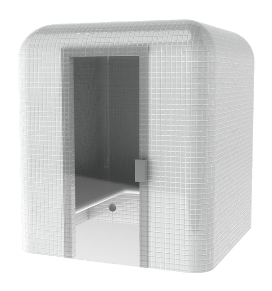 Bagno turco a cubo con porta aperta e design arrotondato.