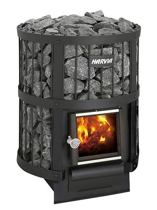 Stufa a legna Harvia Legend 150 con pietre e fuoco.