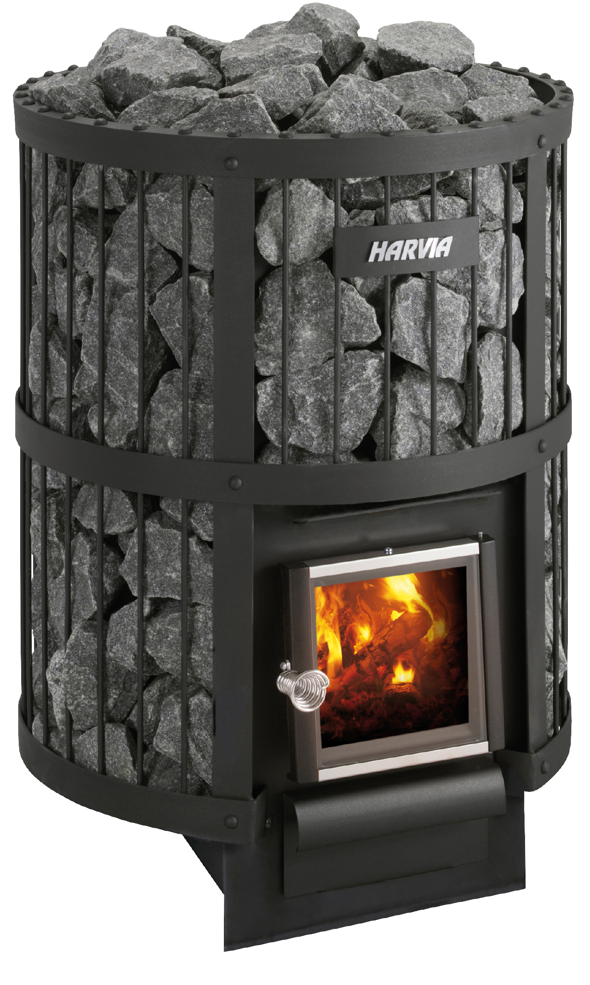 Stufa a legna - Harvia Legend 240 con pietre e fiamme visibili.