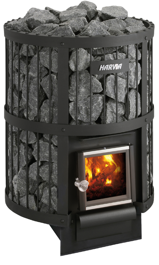 Stufa a legna - Harvia Legend 240 con pietre e fiamme visibili.