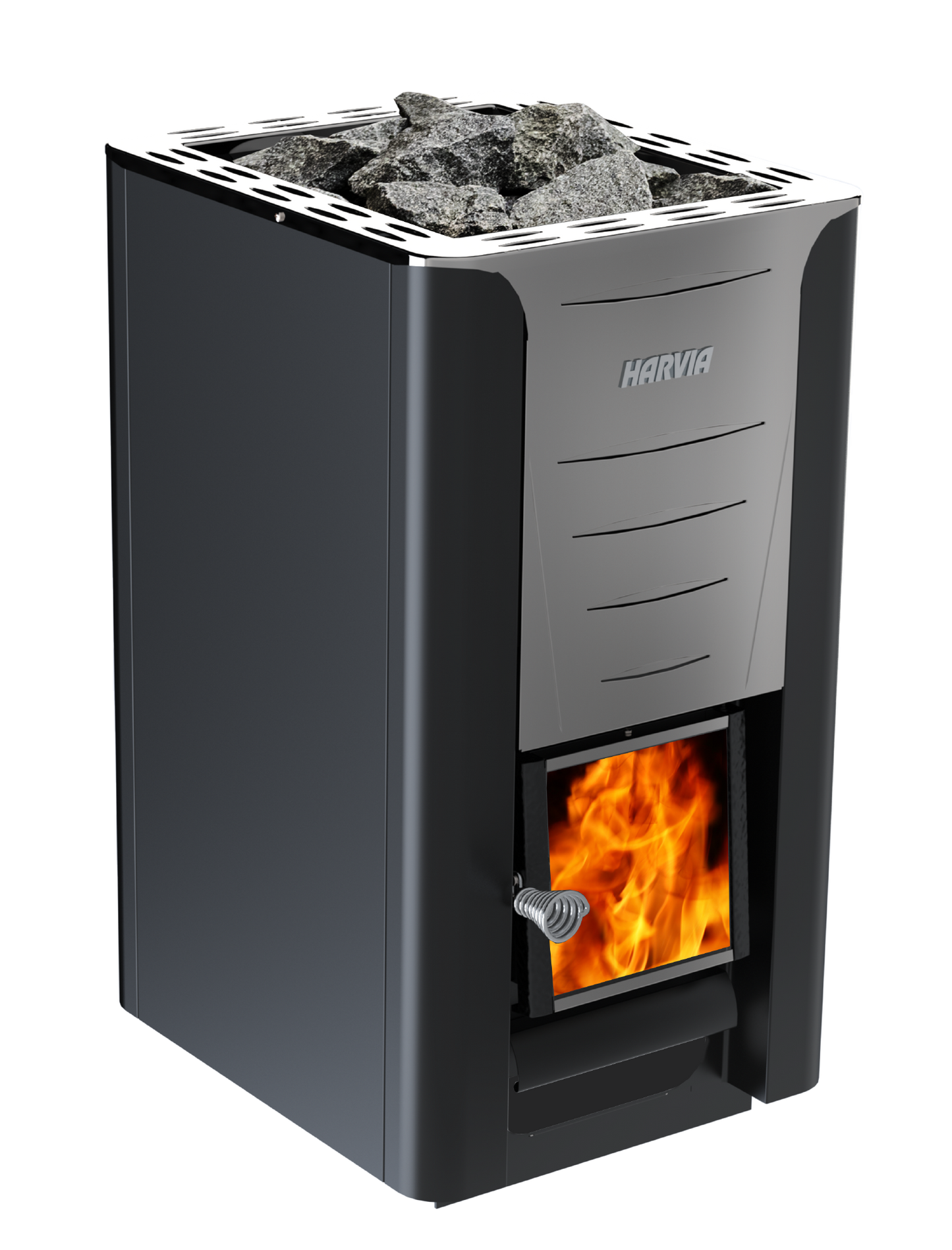 Harvia Pro 26 SET con fuoco visibile sulla porta.