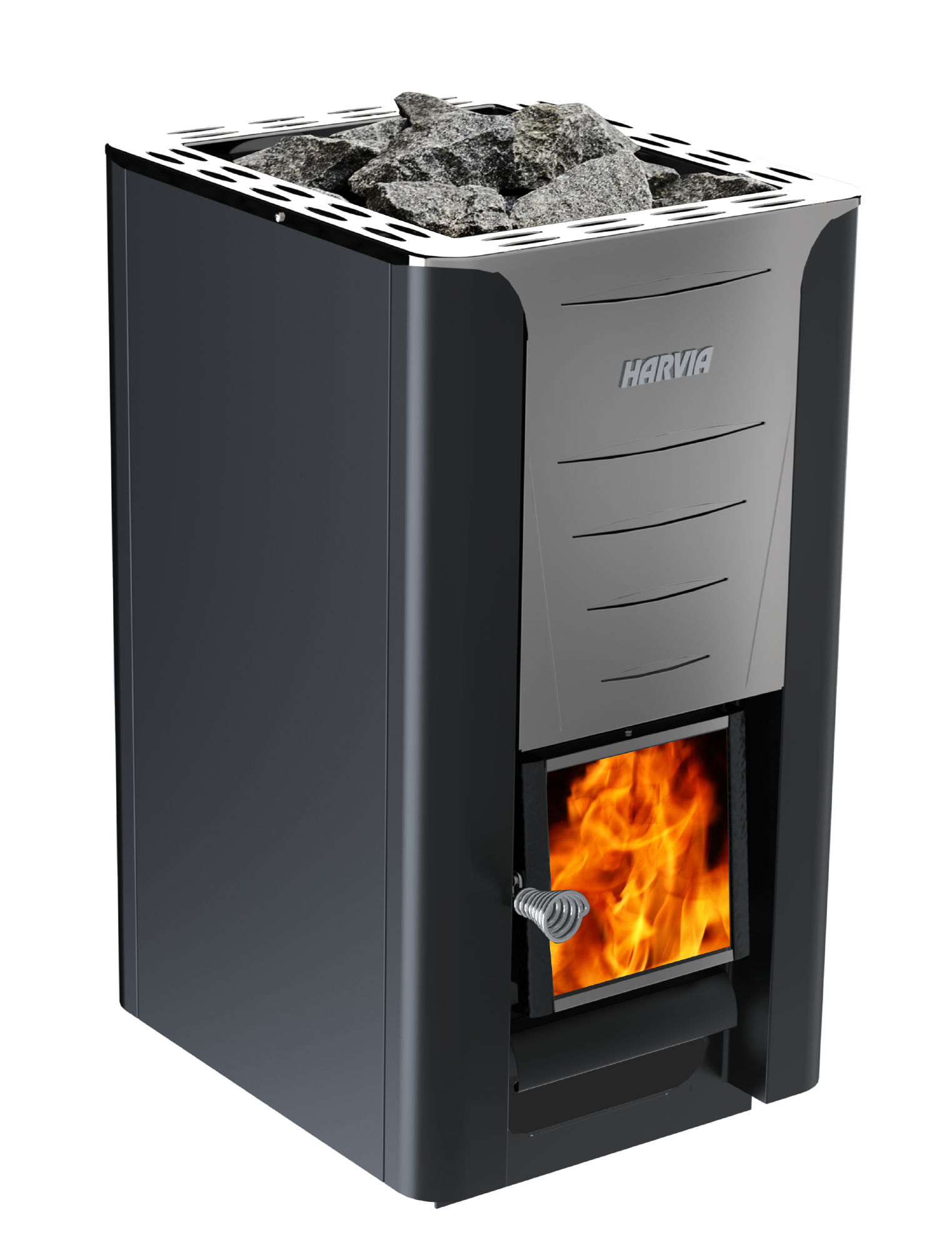 Harvia Pro 26 SET con fuoco visibile sulla porta.