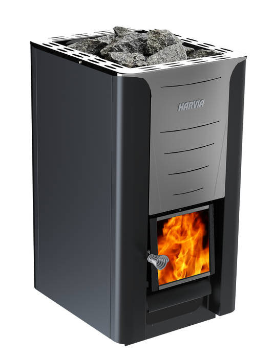 Harvia Pro 26 SET con fuoco visibile sulla porta.