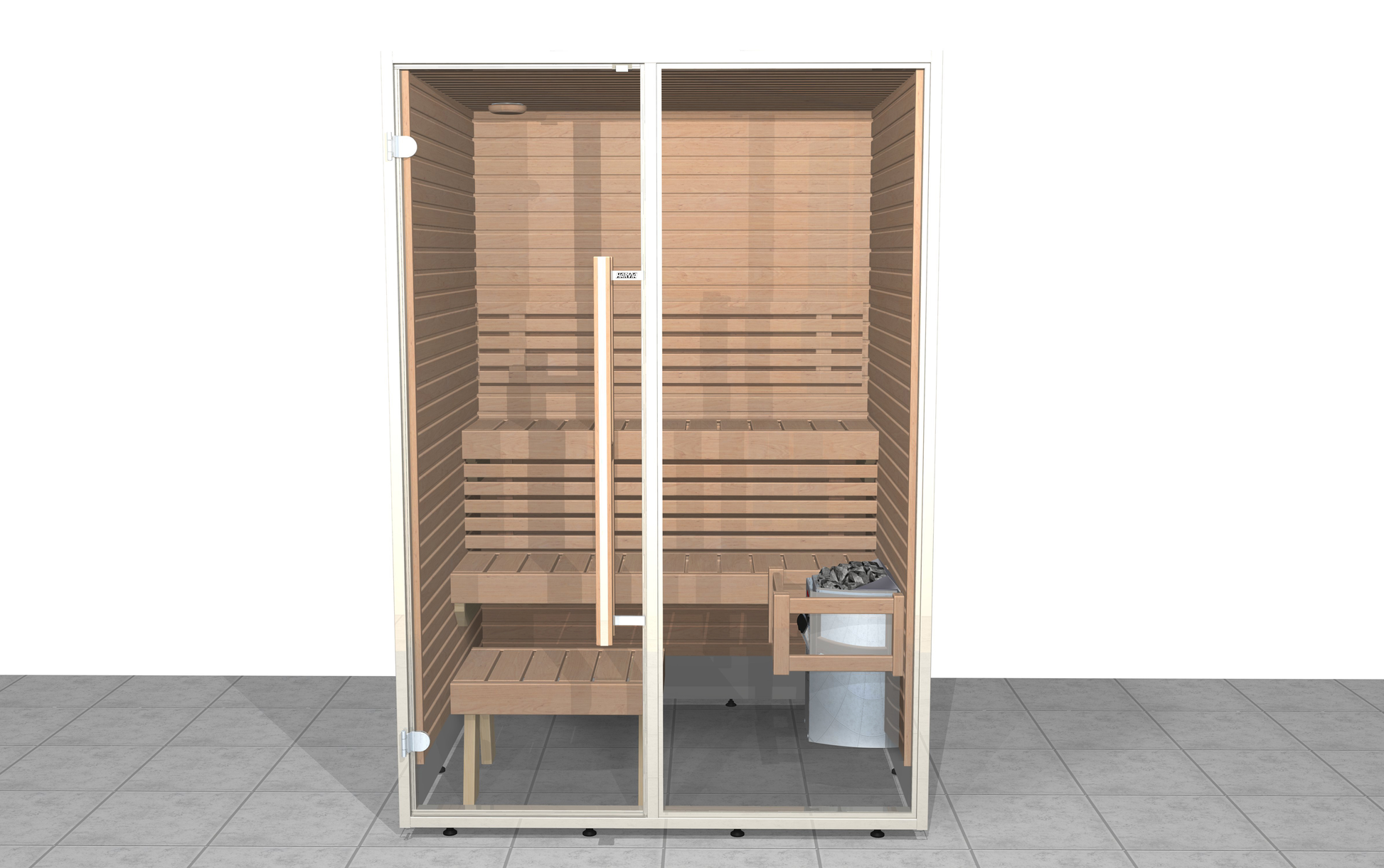 Sauna Sirius con porte in vetro e design moderno.