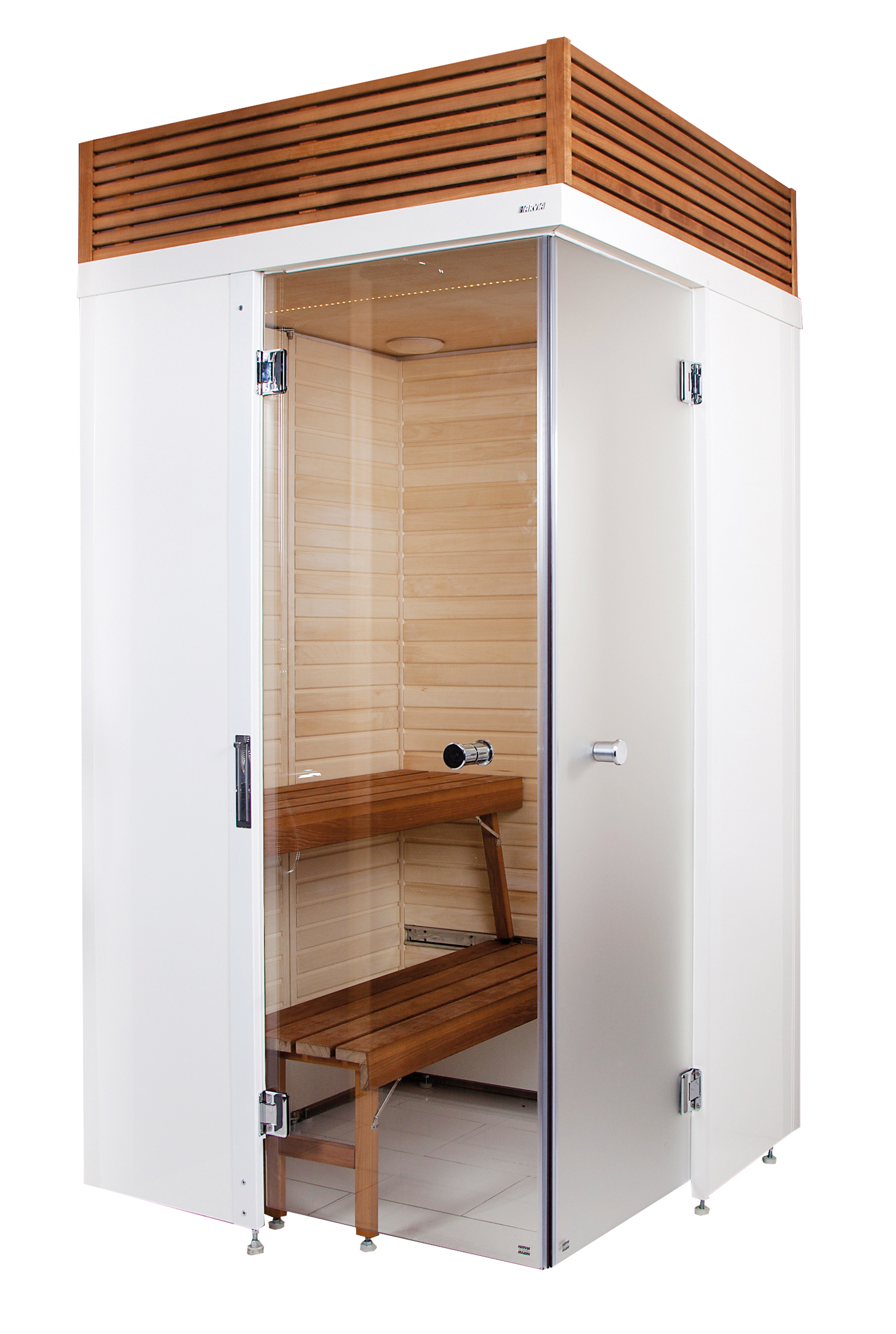 Sauna SmartFold con porta in vetro e panca in legno.