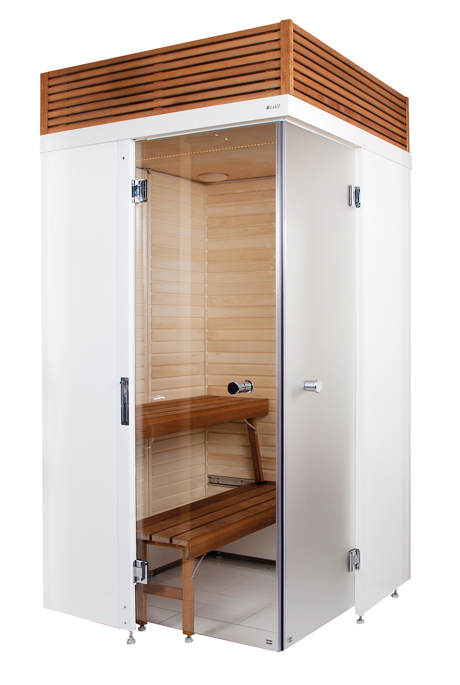 Sauna SmartFold con porta in vetro e panca in legno.