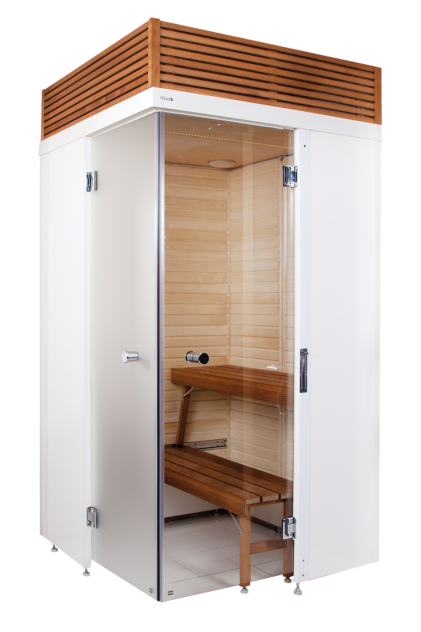 Sauna Smart Fold con design pieghevole e panca in legno.