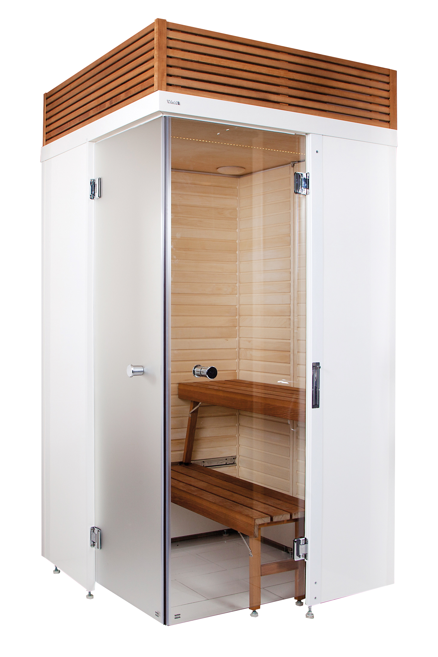 Sauna Smart Fold con design pieghevole e panca in legno.