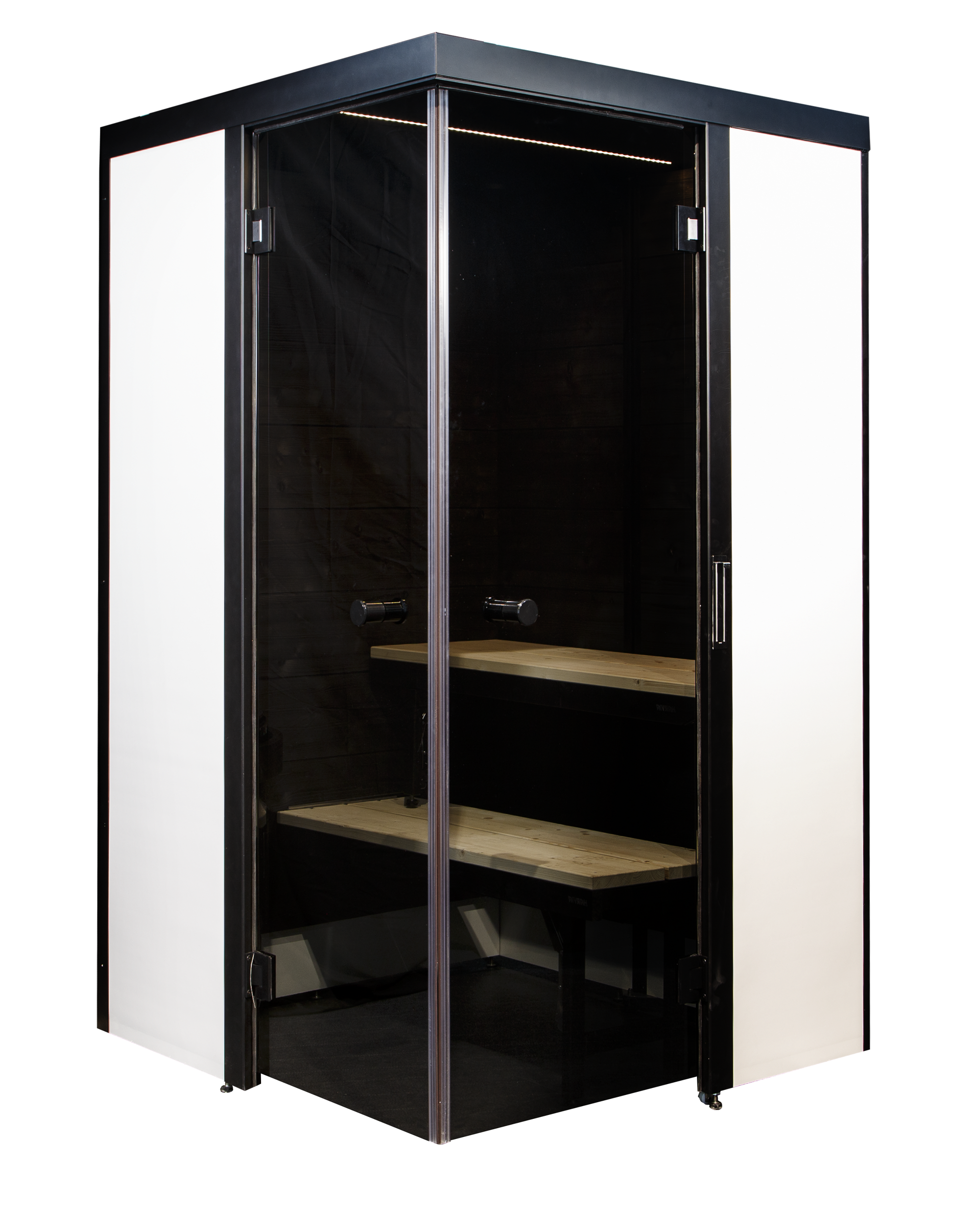 Sauna Smart Fold con porta in vetro e panca interna.