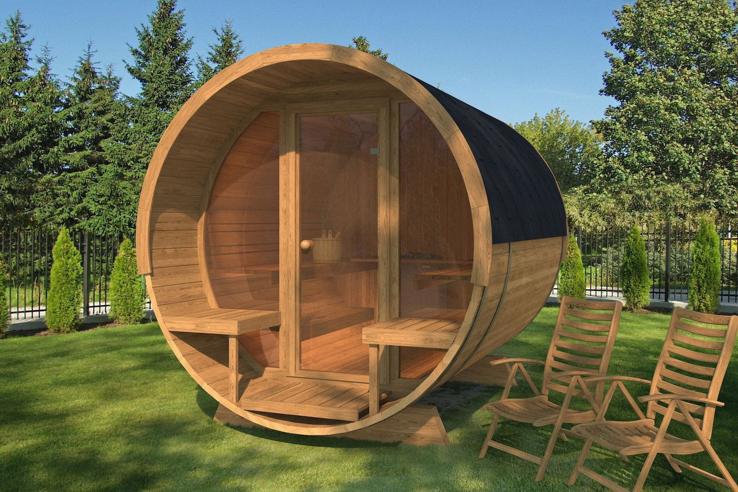 Saunamo Barrel 280 Deluxe: Sauna a forma di barile con facciata in vetro.