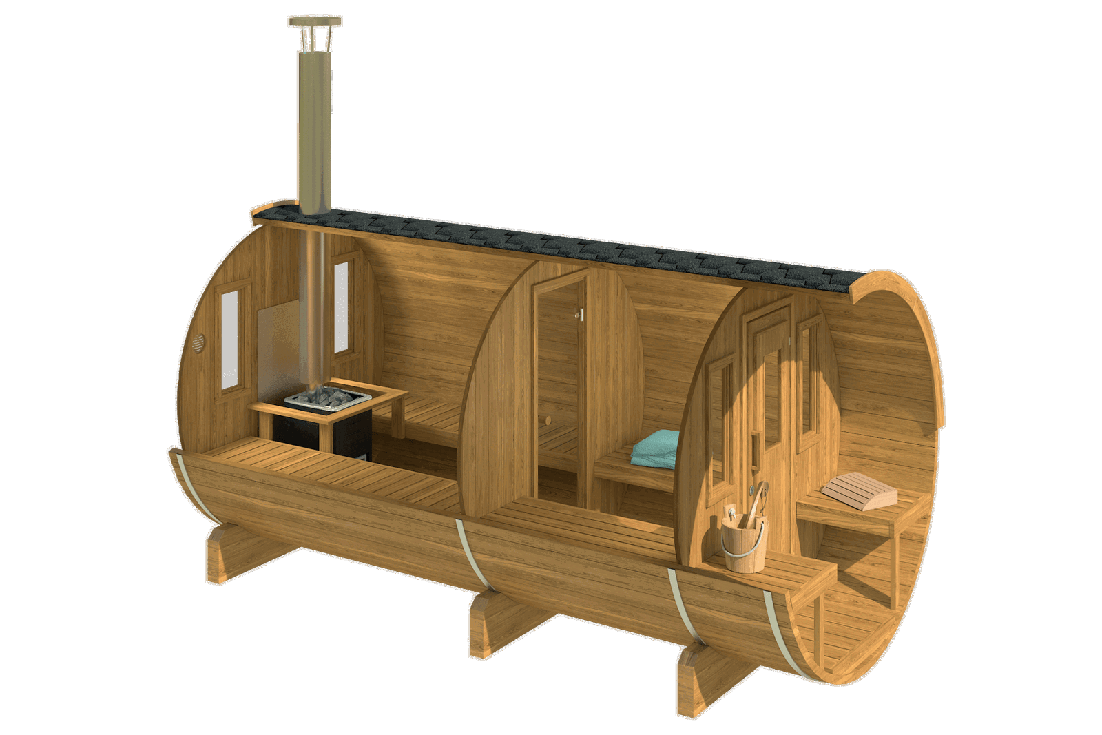 Saunamo Barile 400: sauna a forma di barile con panche e balcone.