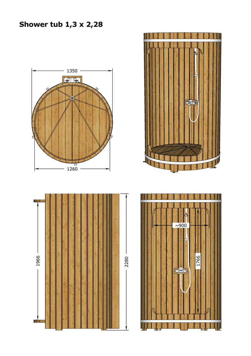 Doccia a botte in legno con design aperto.