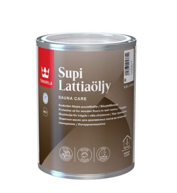 Lattina di olio per pavimenti Tikkurila Supi da 0,9 litri.