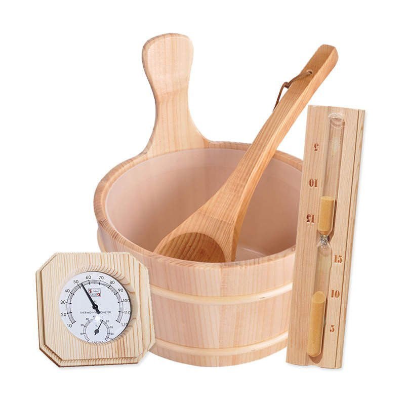 Conjunto de Acessórios Para Sauna com balde, concha e termômetro.