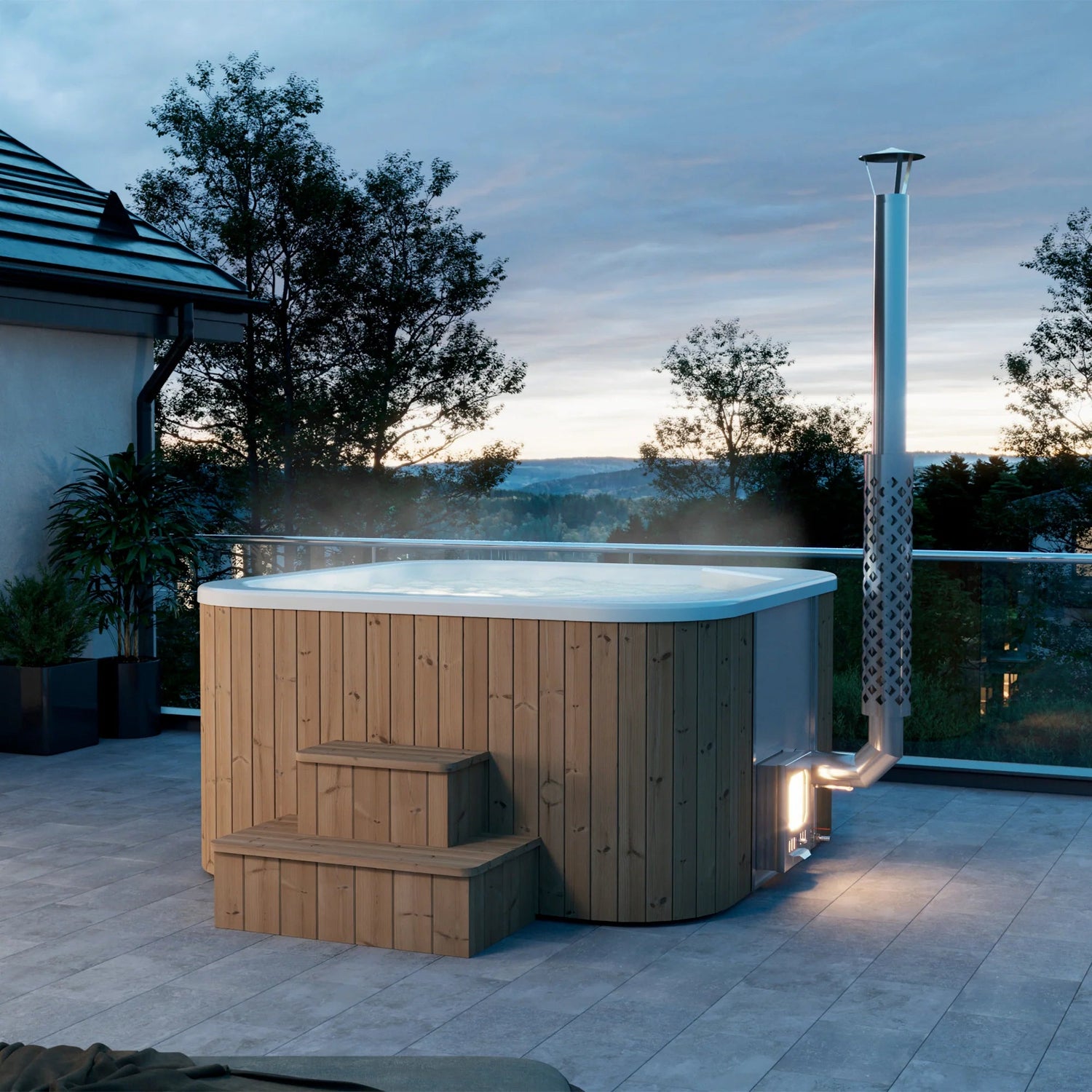 Jacuzzi Exterior Calypso 200 em um pátio com escadas.