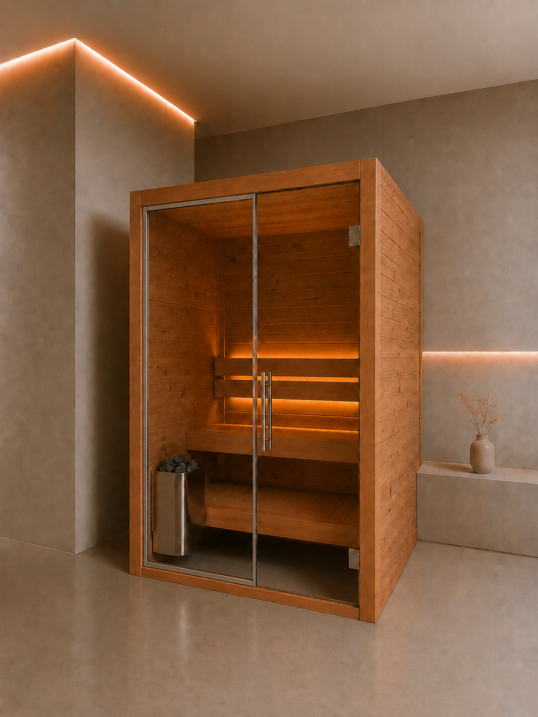 Sauna Interior Koti 2 — vista de três quartos com porta de vidro dupla