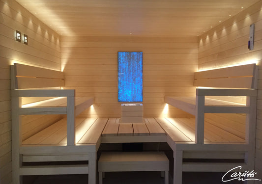 Cariitti Linear LED 2m installato in una sauna con panche in legno.