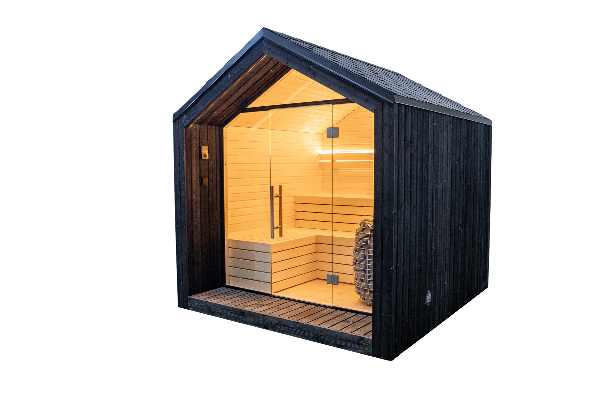 Sauna LumI con porta in vetro e cesto in pietra.