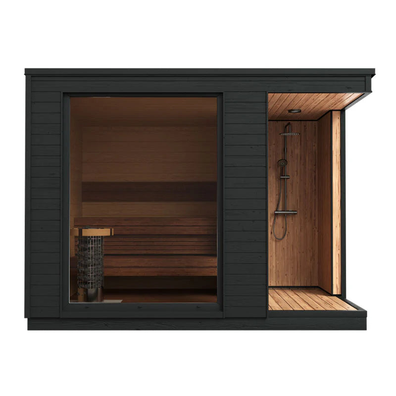 KUUT L Sauna elettrica esterna con doccia, lusso e comfort.