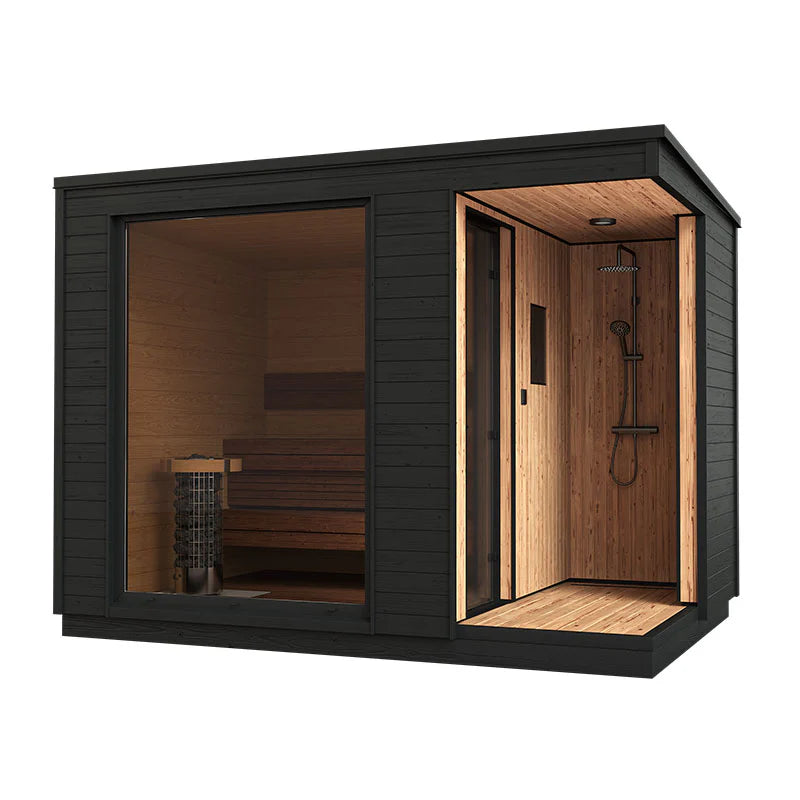 Sauna elettrica KUUT Outdoor L con doccia integrata.