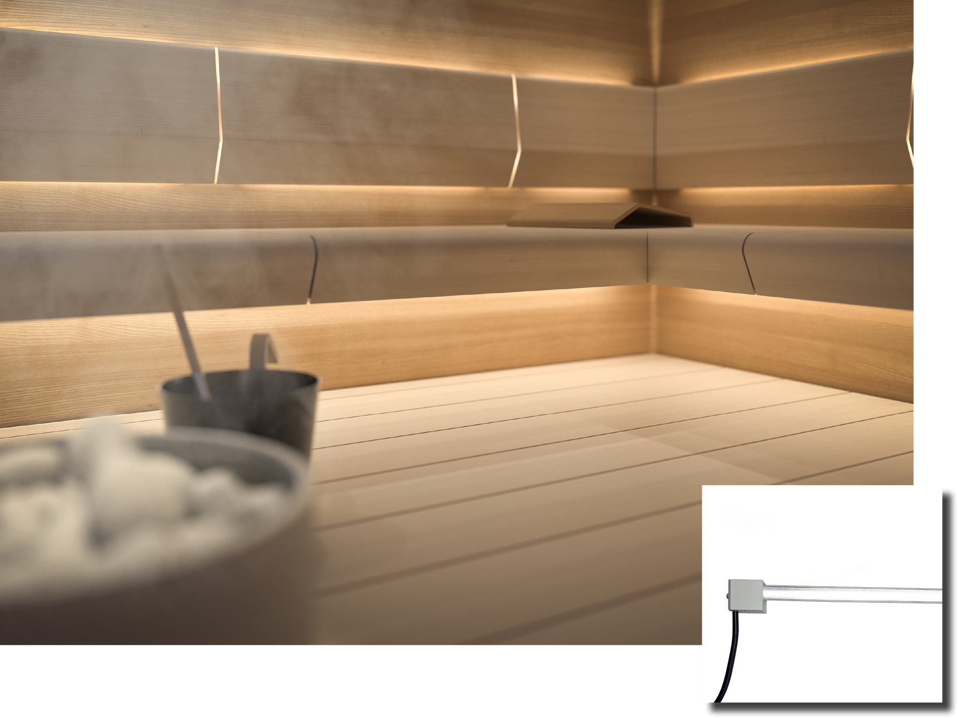 Cariitti Linear LED 2m in sauna con secchio di sale.