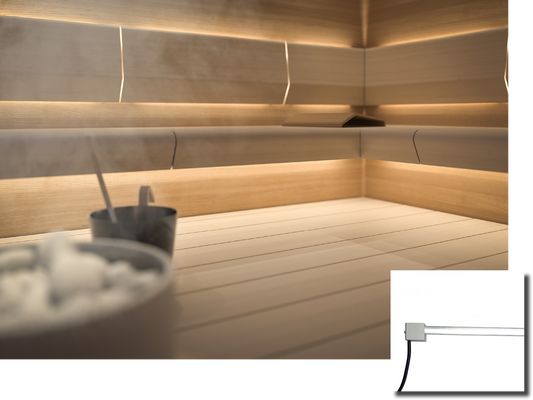 Cariitti Linear LED 2m in sauna con secchio di sale.