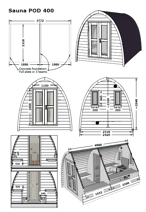 Saunamo Diagramma di Pod, un'innovativa sauna in legno.