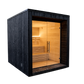 Sauna LUMI con porta in vetro e design nordico minimalista.