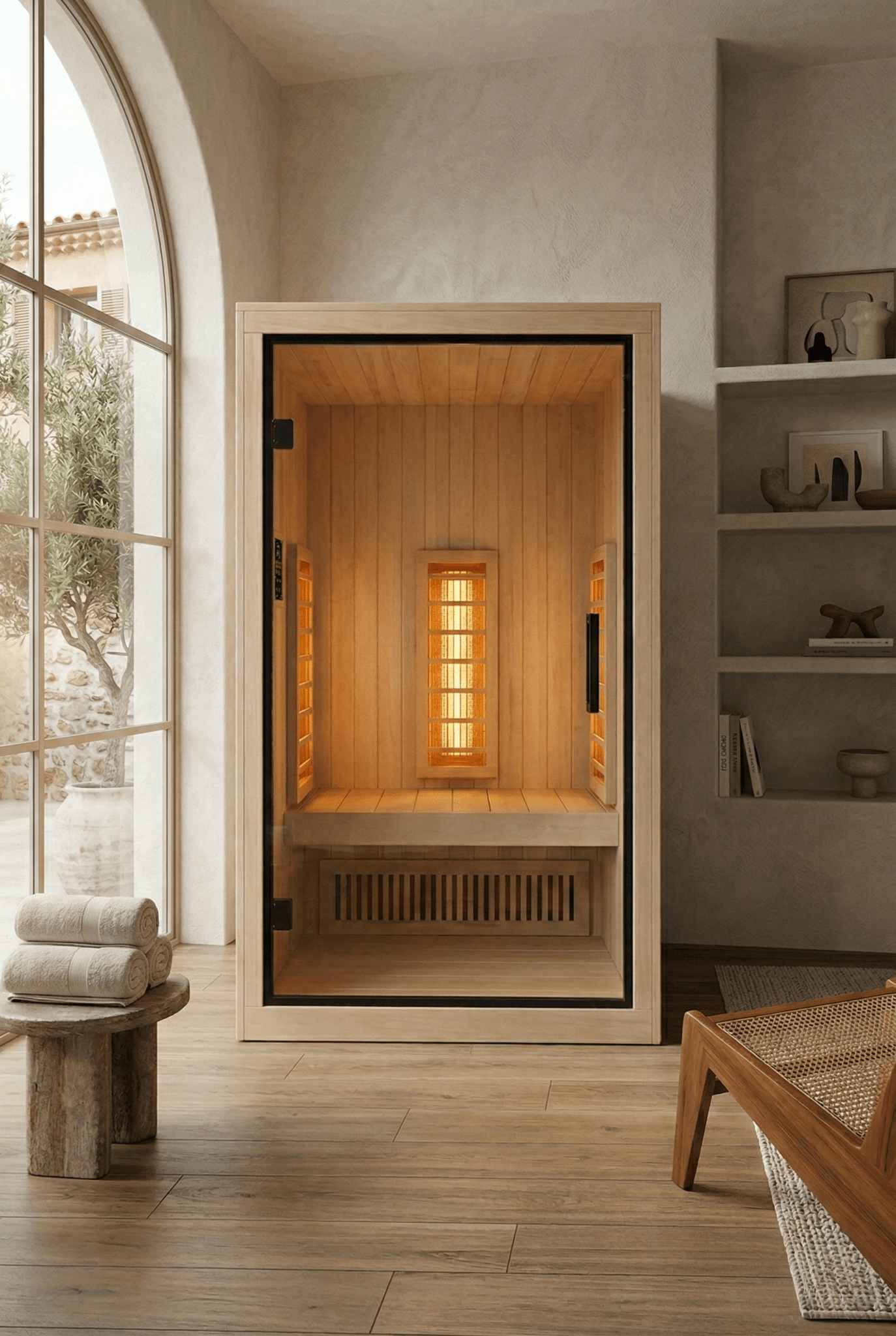 Sauna Infravermelho Aura 110 em ambiente spa minimalista.