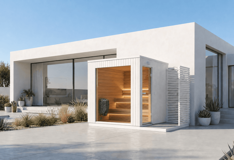 Sauna da esterno Lumia con modulo doccia
