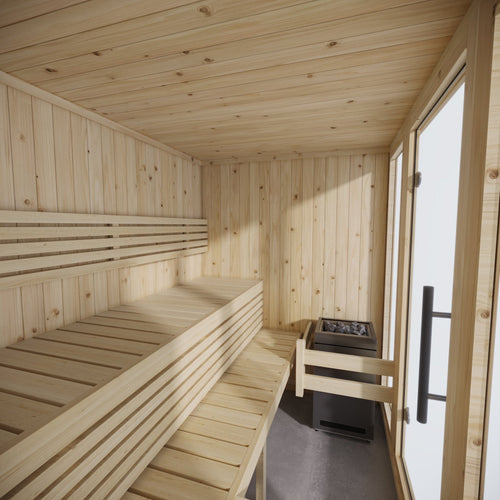 Sauna Interior Grande de madeira com janela.