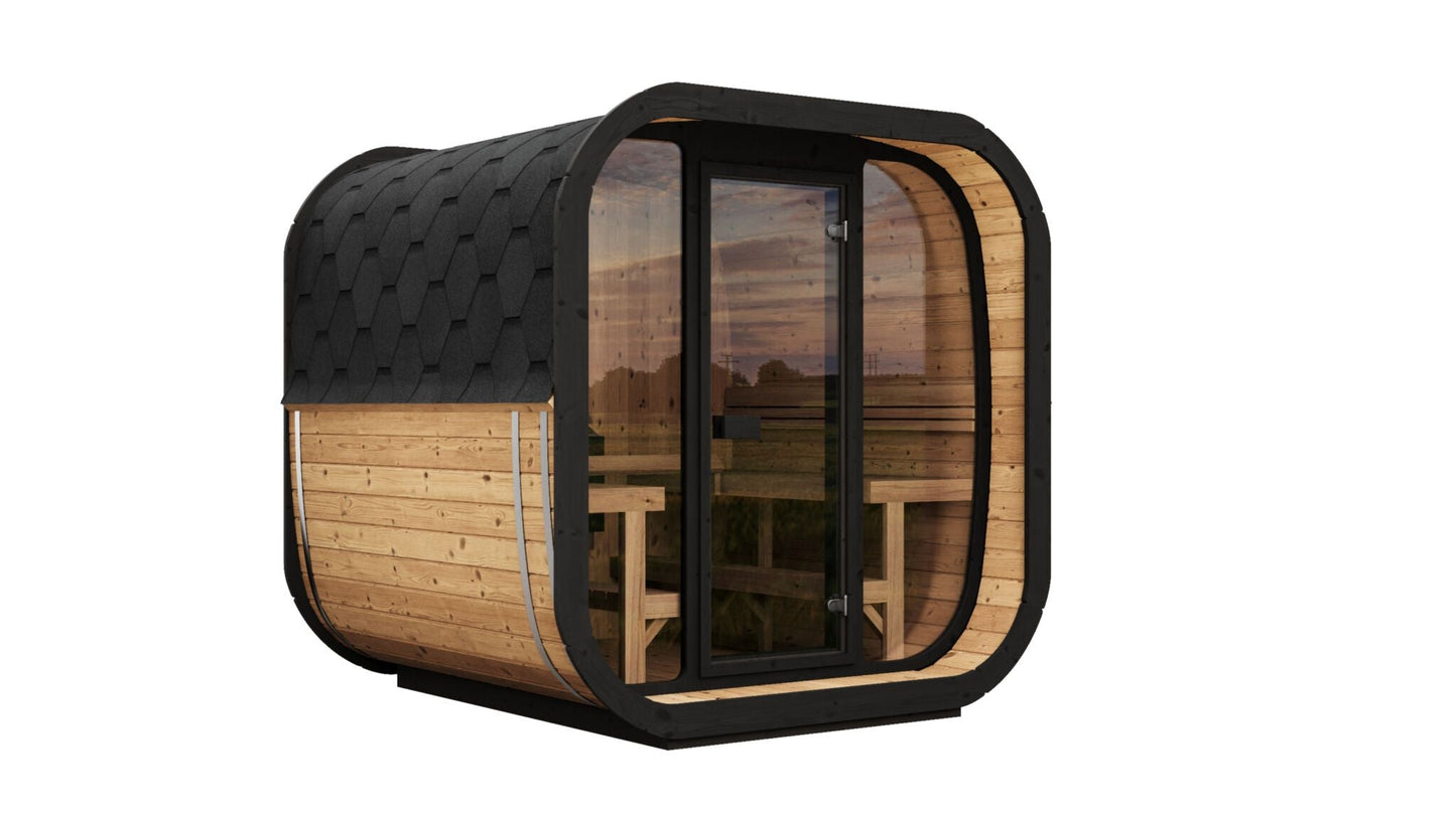 Moderna sauna Cube 220 con porta in vetro e panca.