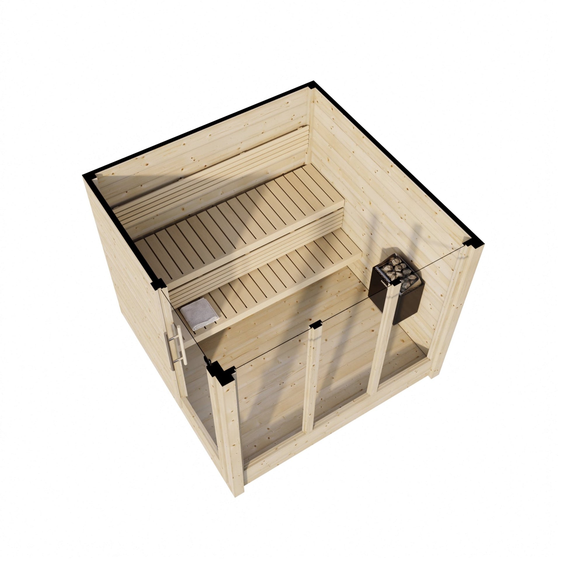 Saunamo Sauna Deluxe in legno con porte in vetro.