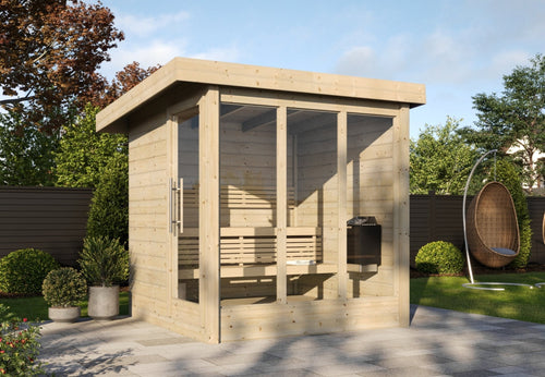 Sauna Exterior Deluxe com portas de vidro e estrutura de madeira.