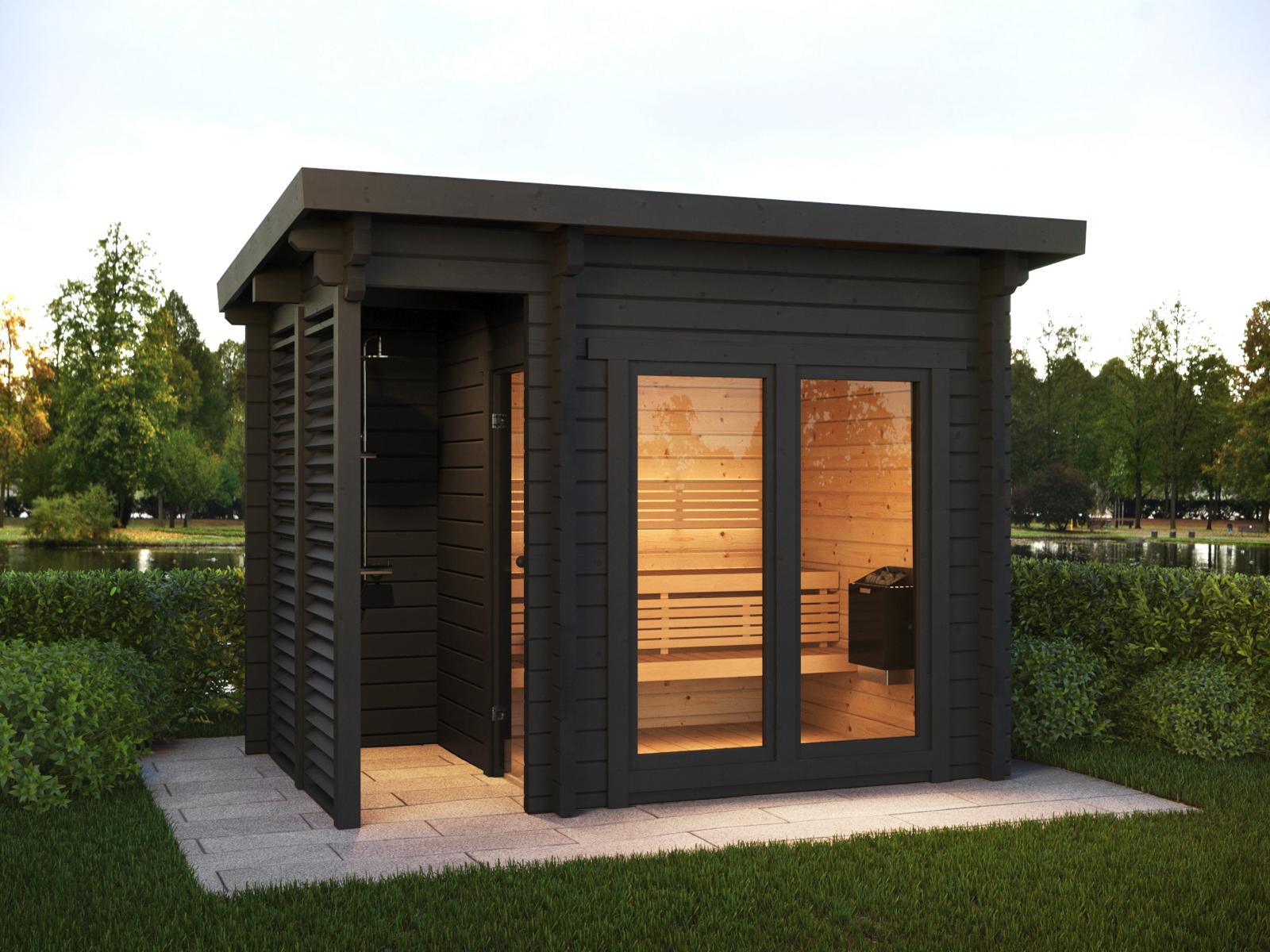 Saunamo Sauna Deluxe Plus in legno nel giardino.