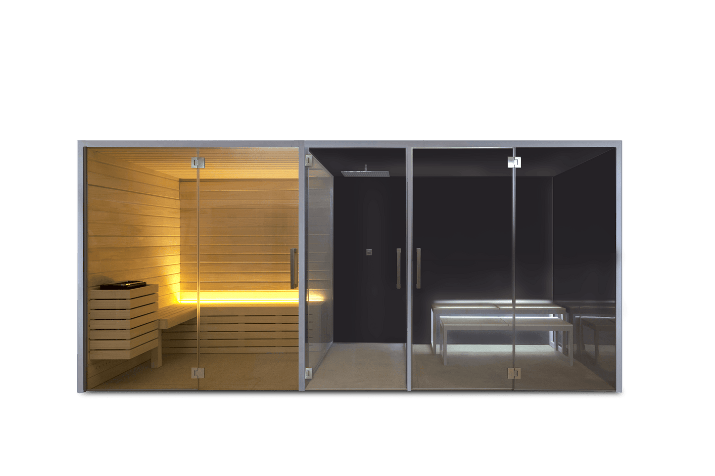 Saunamo Doppio: Sauna e Hammam con parete di vetro e panche.