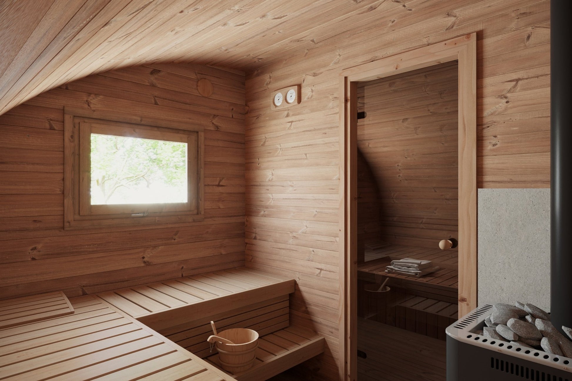 Saunamo Sauna Hobbit 500 con finestra e secchio in legno