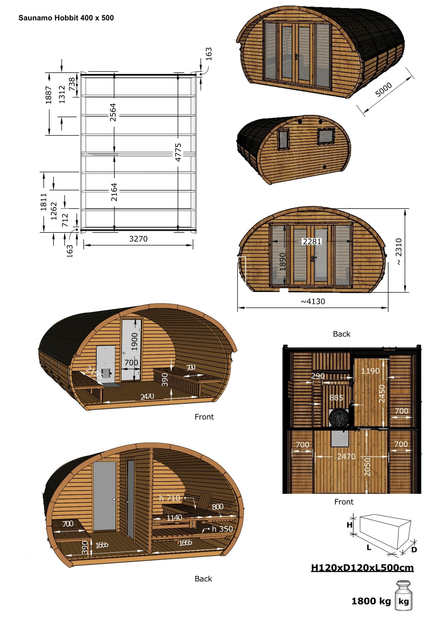 Saunamo Sauna Hobbit 500 con 3 stanze separate.