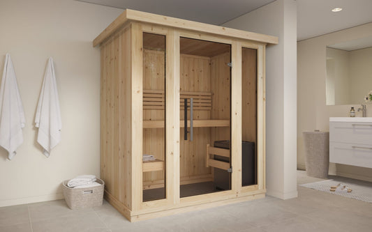 Mini sauna interna in legno con porte in vetro.